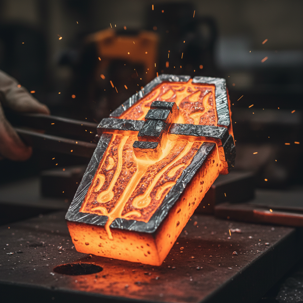 Silver coffin clasp mid-casting still glowing in silversmith workshop