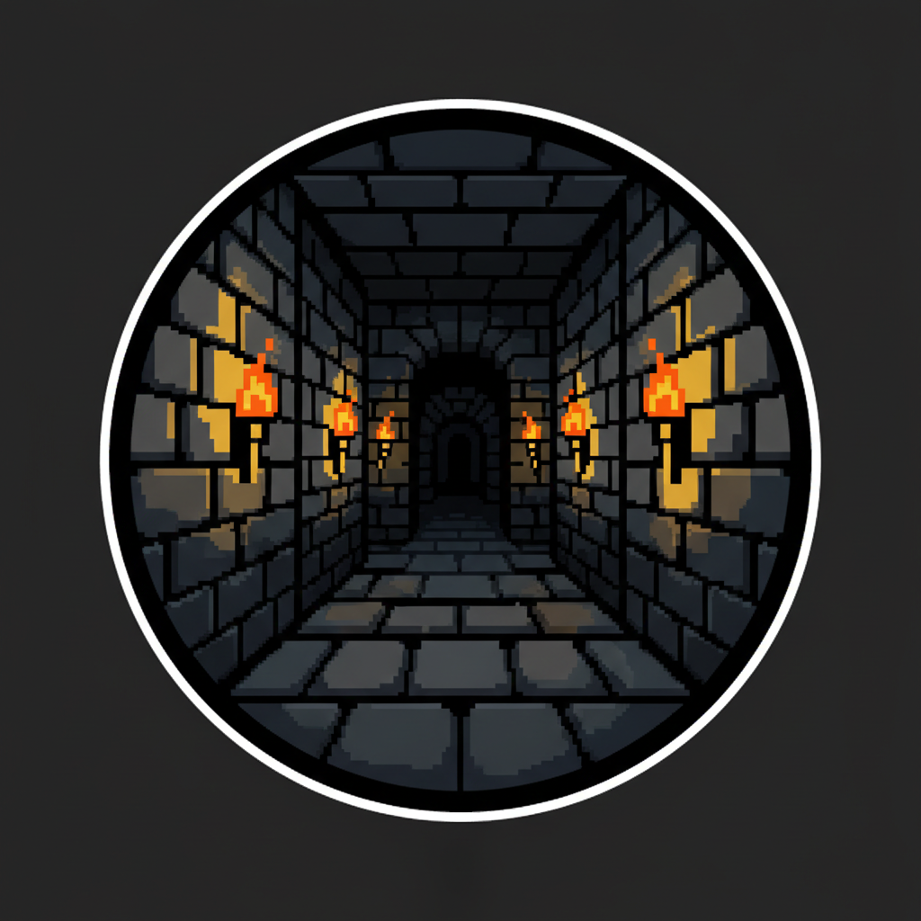 Pixel art dungeon RPG with torches and stone corridors