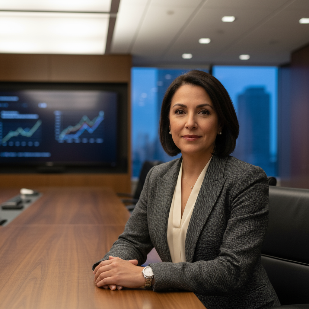 Female CFO in dark blazer, chiaroscuro lighting, confident direct gaze