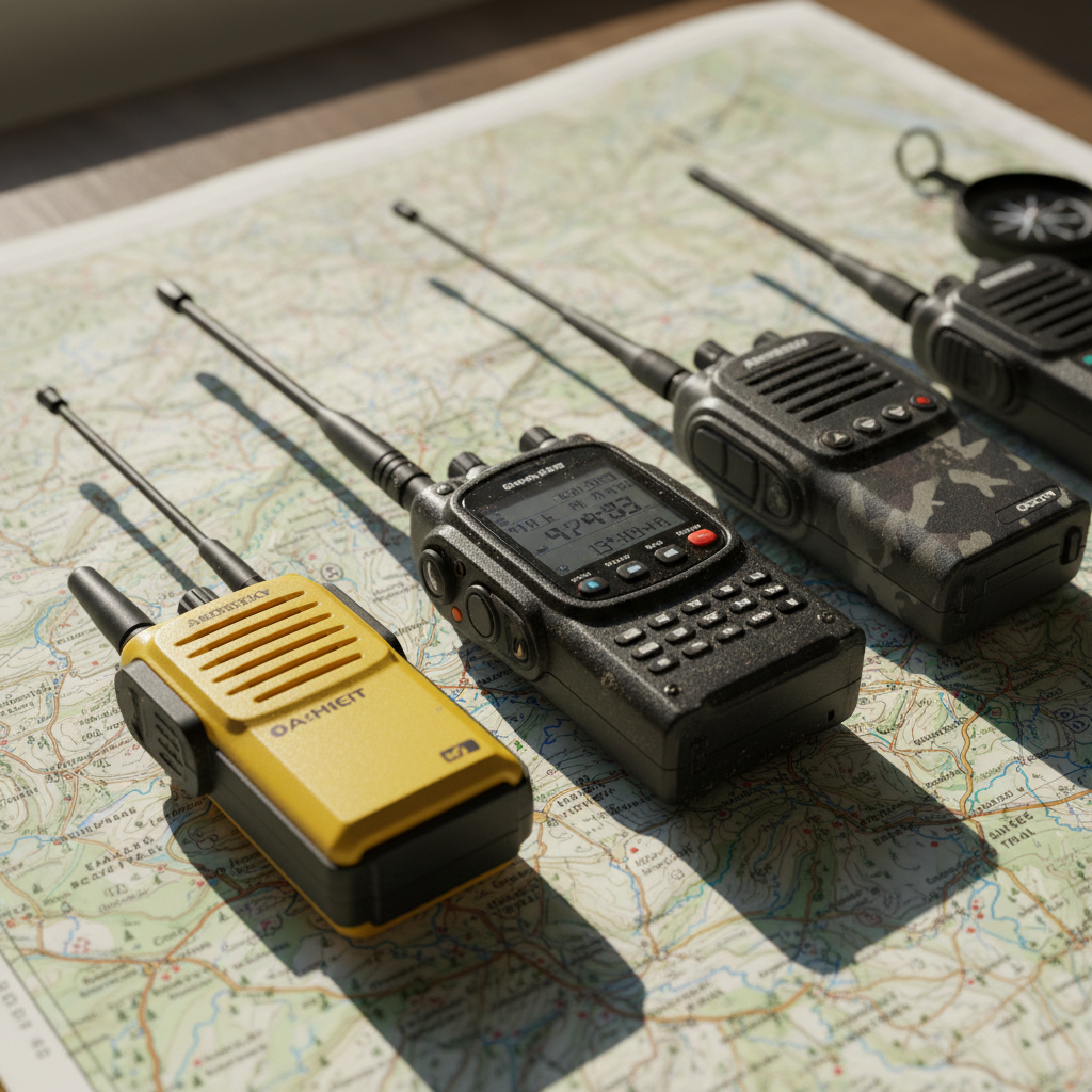 Handheld ham radio and walkie talkies laid out on map