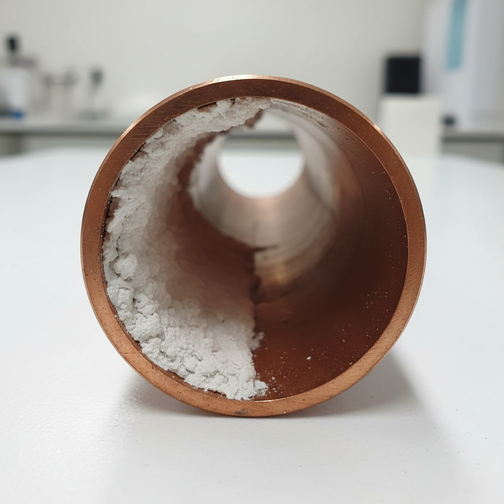 Cross-section of copper pipe: left half choked with white calcium scale, right half gleaming and clear