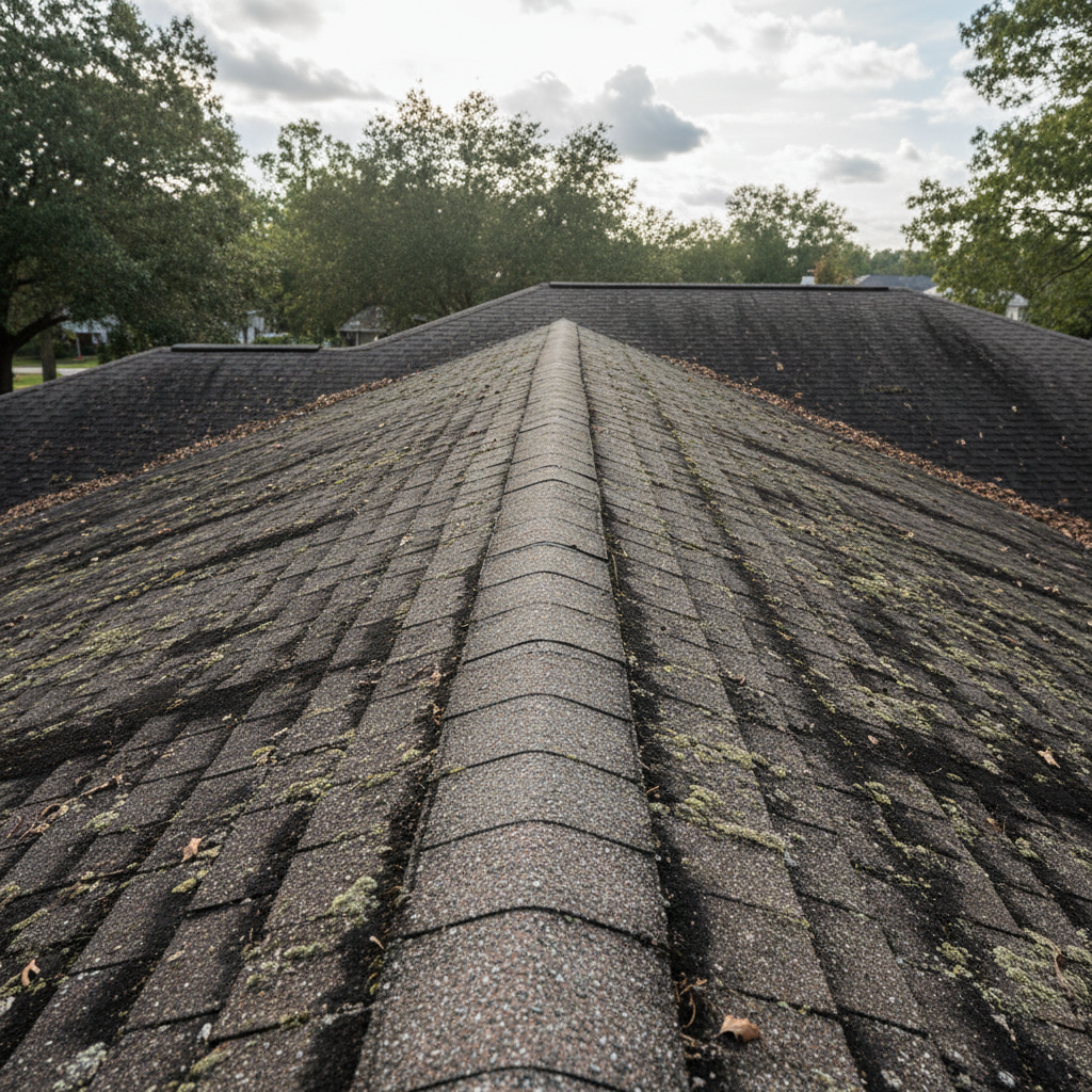 Roof with black algae streaks on asphalt shingles before treatment