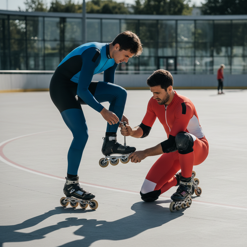 Two masters skaters helping each other adjust equipment before a session