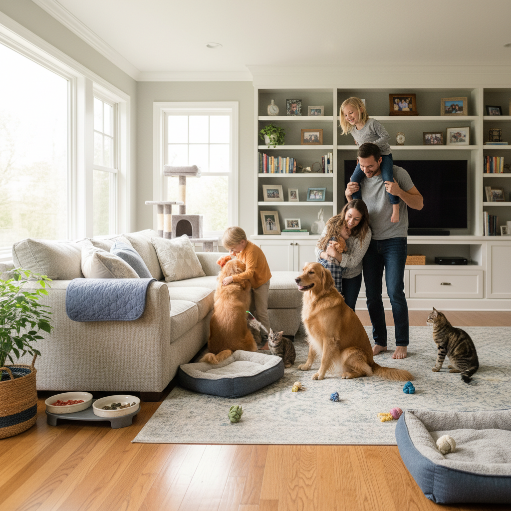 Happy family with pets in safe, pest-free home