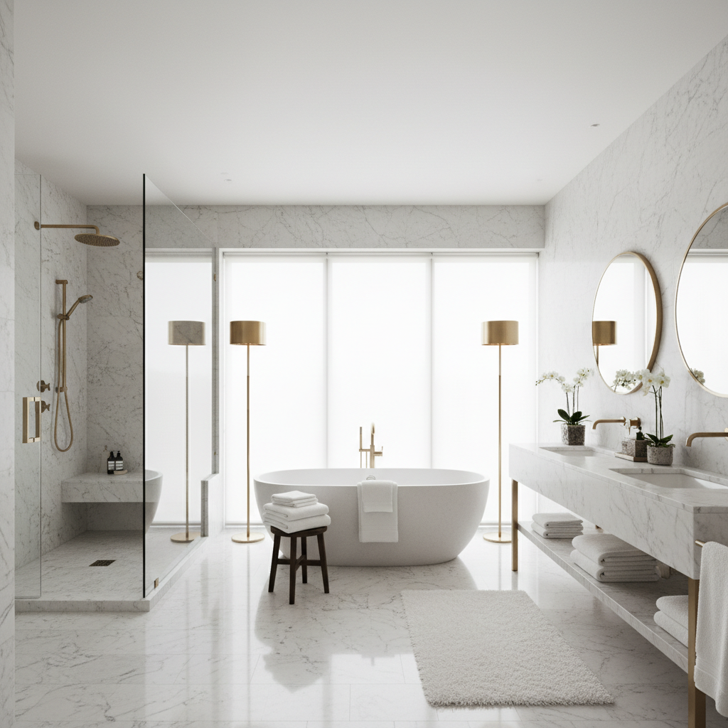Spa-style bathroom with natural stone and freestanding tub