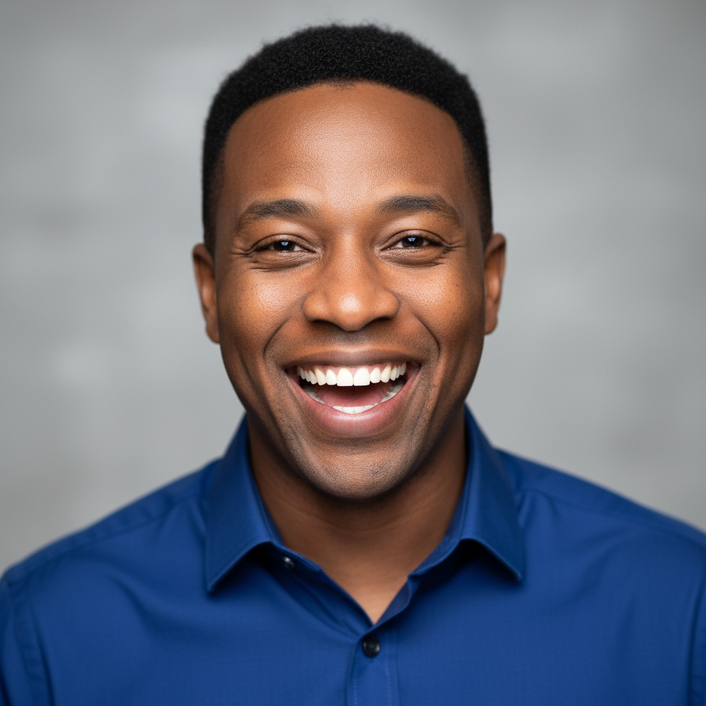 Professional African man in smart casual attire, confident smile, warm studio lighting