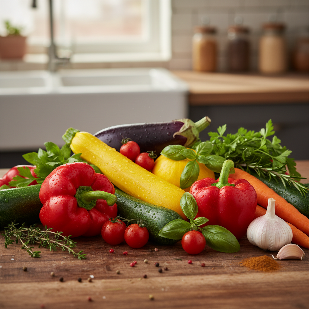 Close-up of fresh colorful vegetables and fruits on a bright white kitchen counter, natural daylight