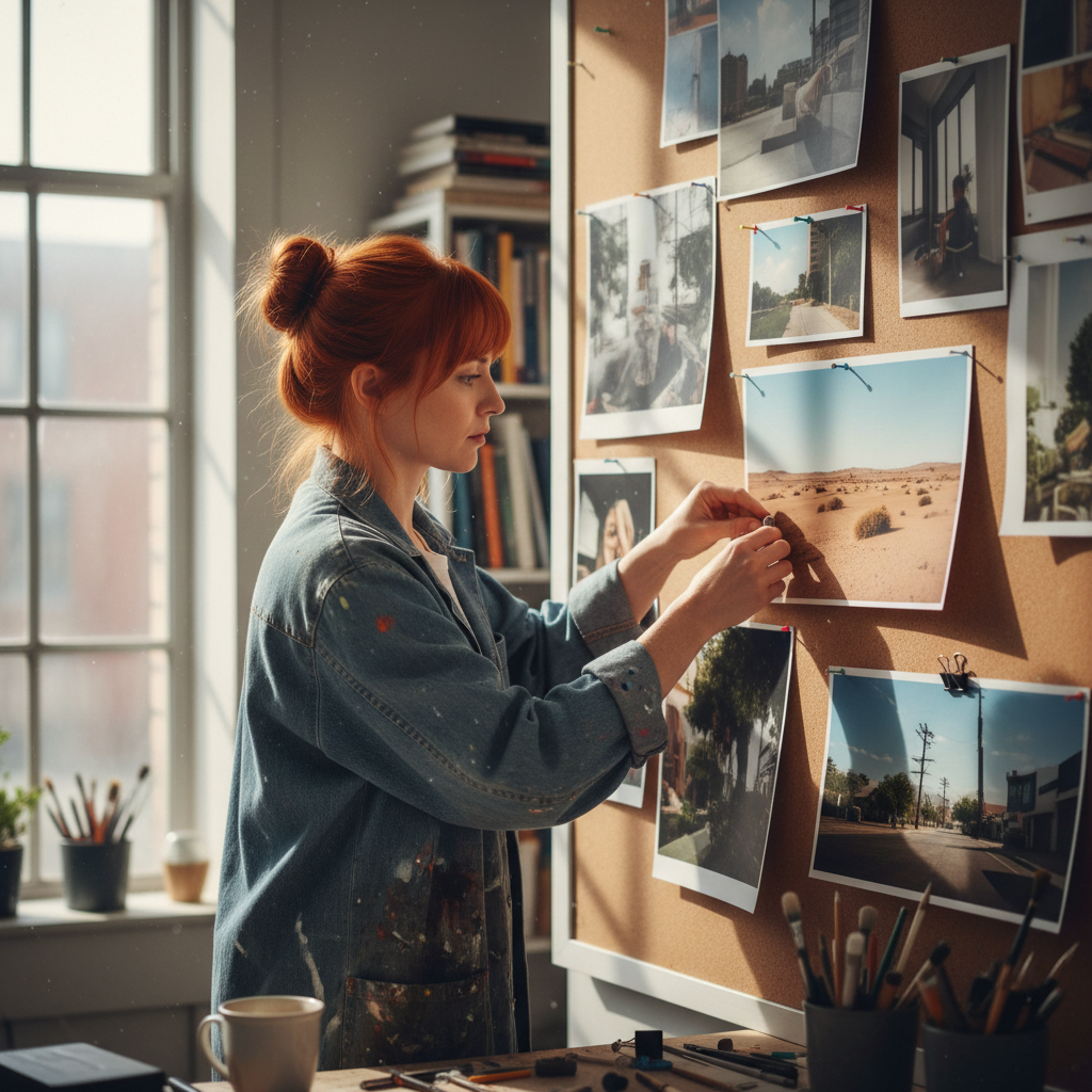 Woman with red hair pinning large format prints to a corkboard in a design studio