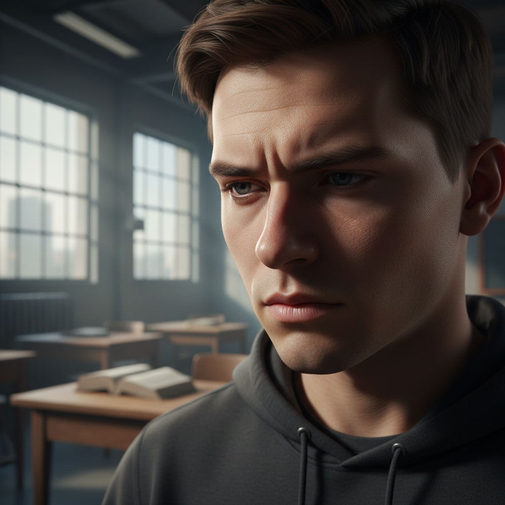 Student portrait with dramatic side lighting in warehouse classroom