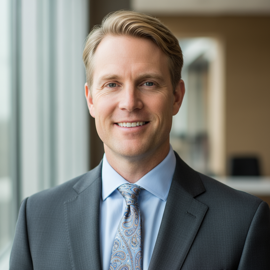 Professional headshot of male product manager, business casual clothing, clean studio background, friendly expression
