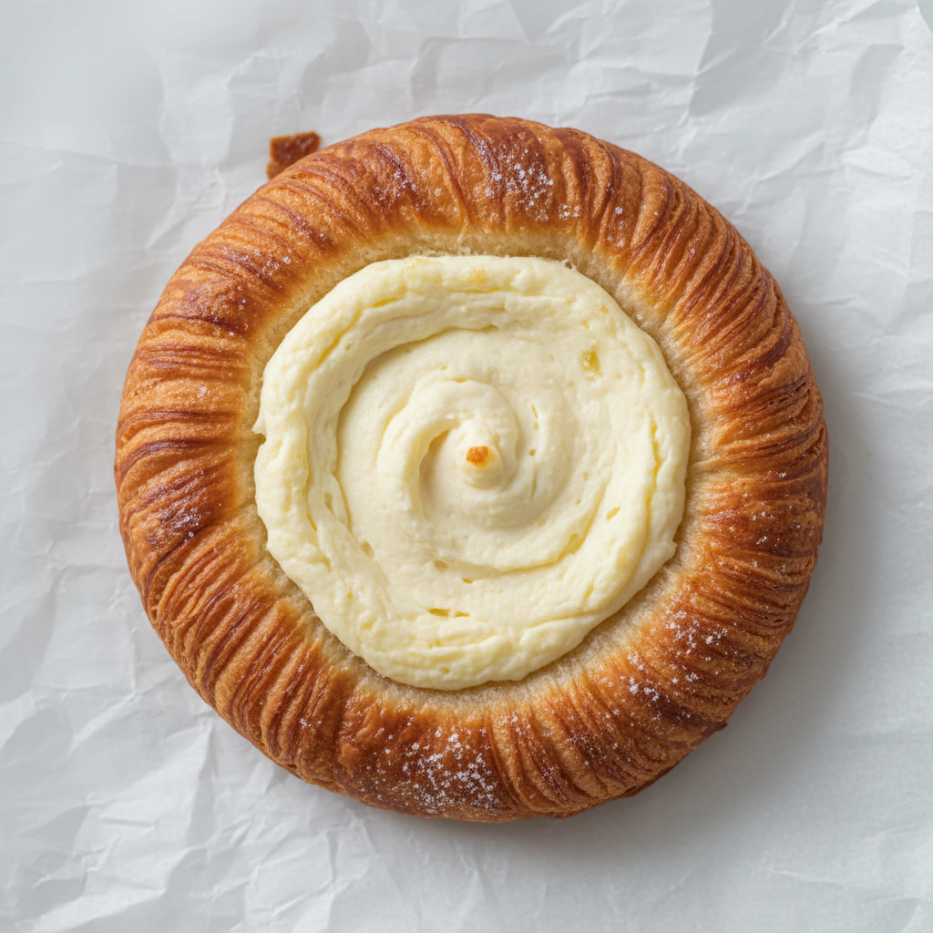 Danish pastry with mango slices and cream cheese filling, golden pastry edges, overhead shot
