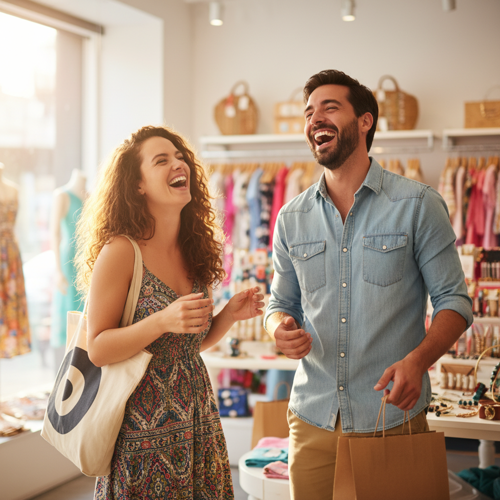 Two friends laughing while browsing through colourful vintage clothing racks in a sunny thrift store, warm light, joyful atmosphere