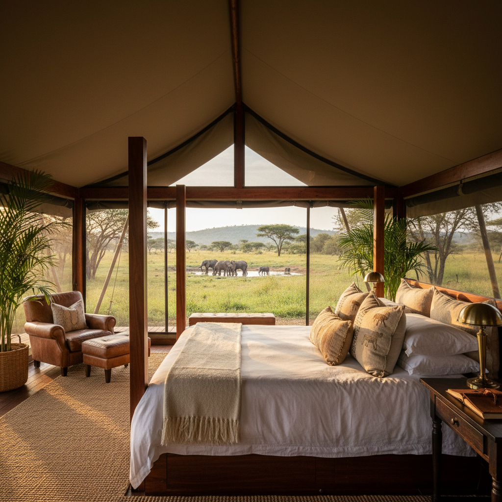 Luxury tented camp in Hwange with canvas walls and elephant silhouettes at dusk