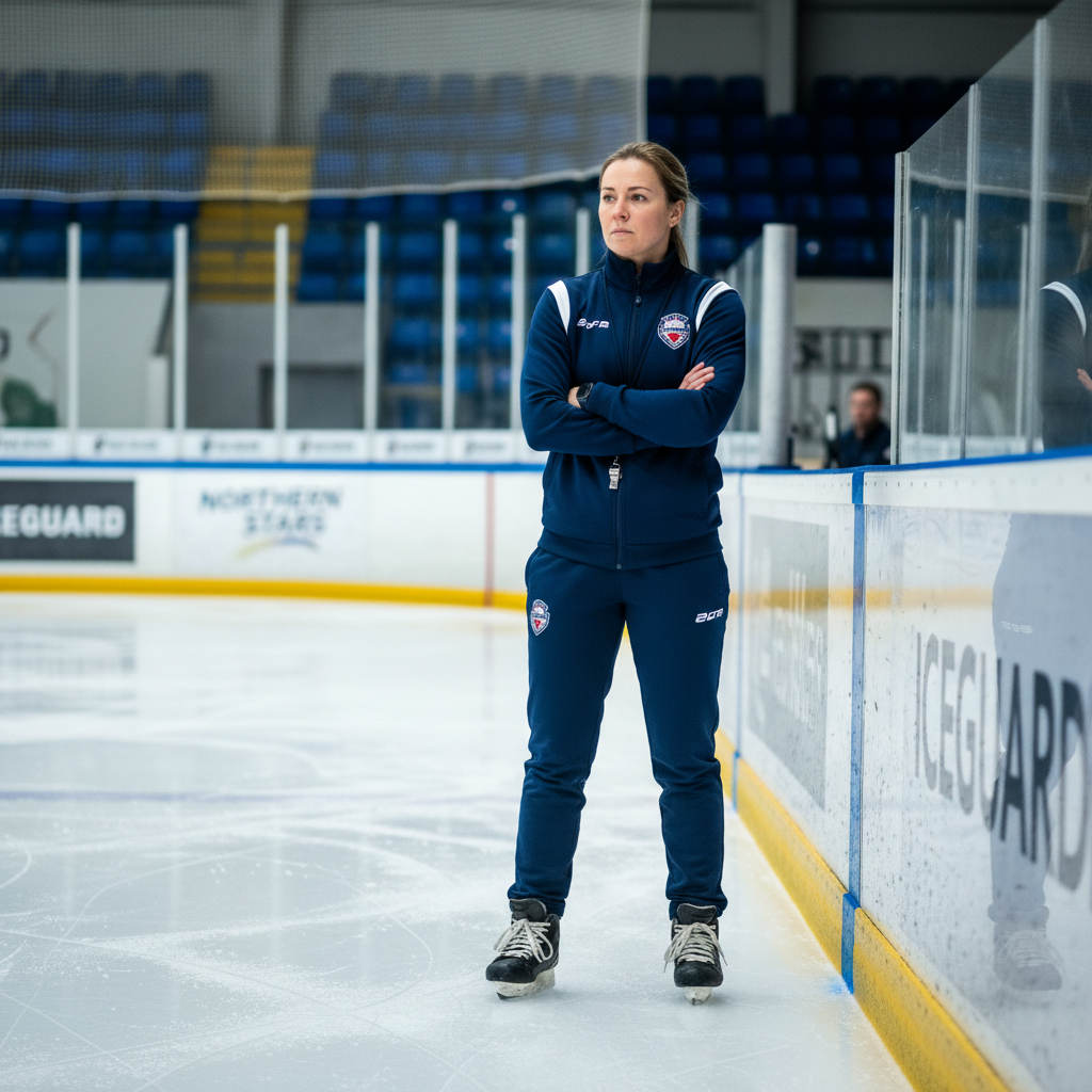 Female coach in athletic wear standing confidently near ice rink boards