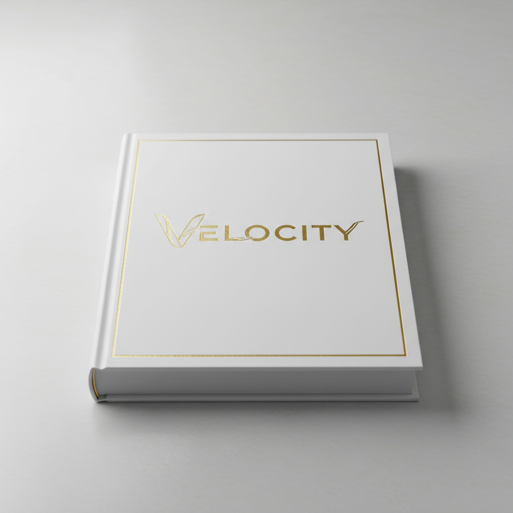 Minimalist white and gold hardcover book titled Velocity on a clean desk