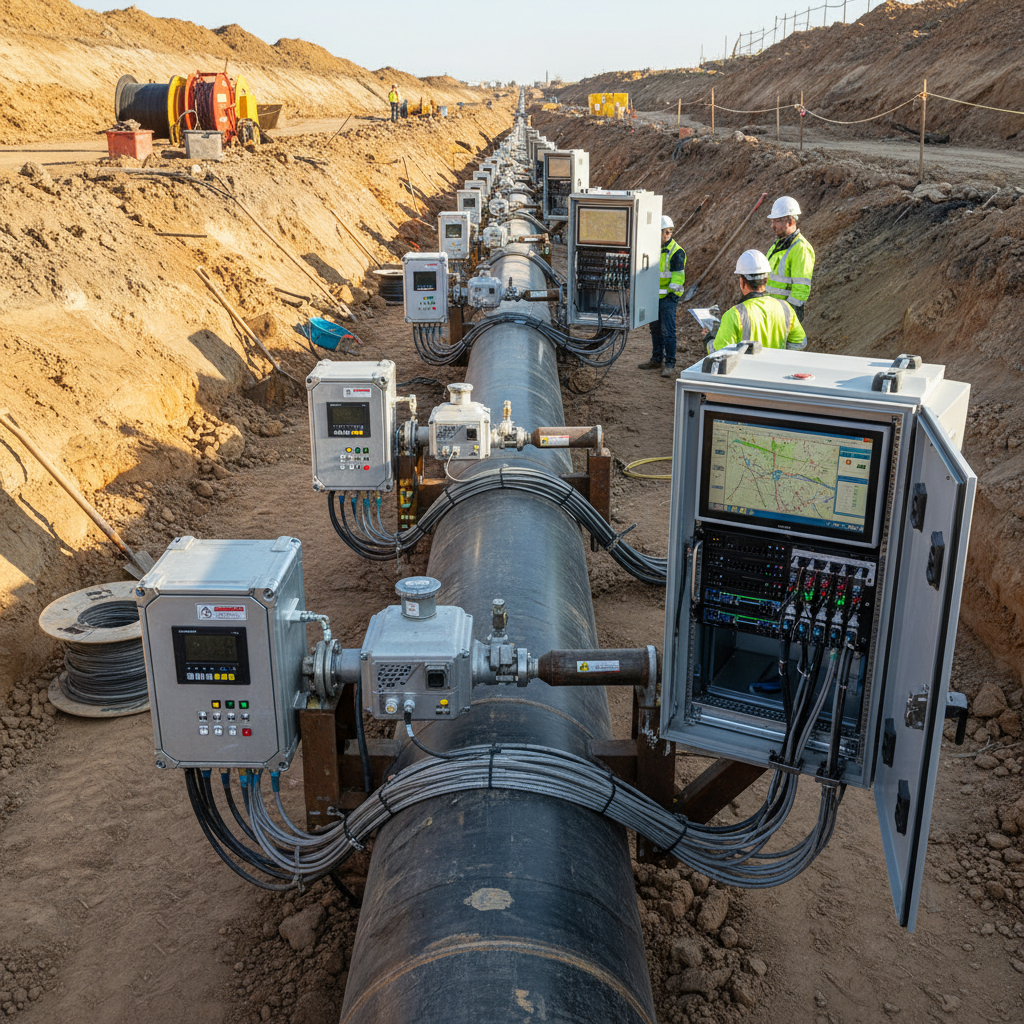 Large diameter oil and gas transmission pipeline with valve stations in a remote location