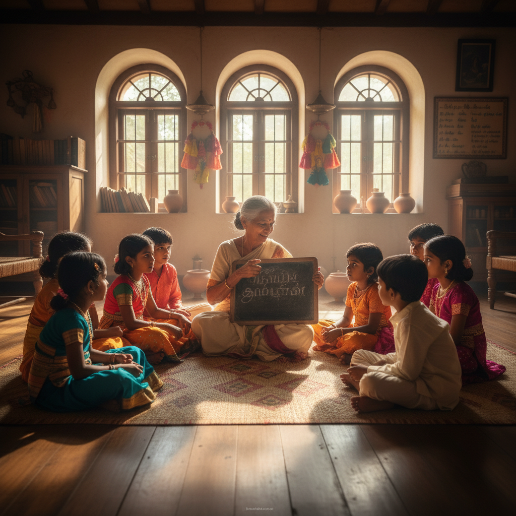 Children sitting in a circle learning Tamil script from an elder grandmother teacher