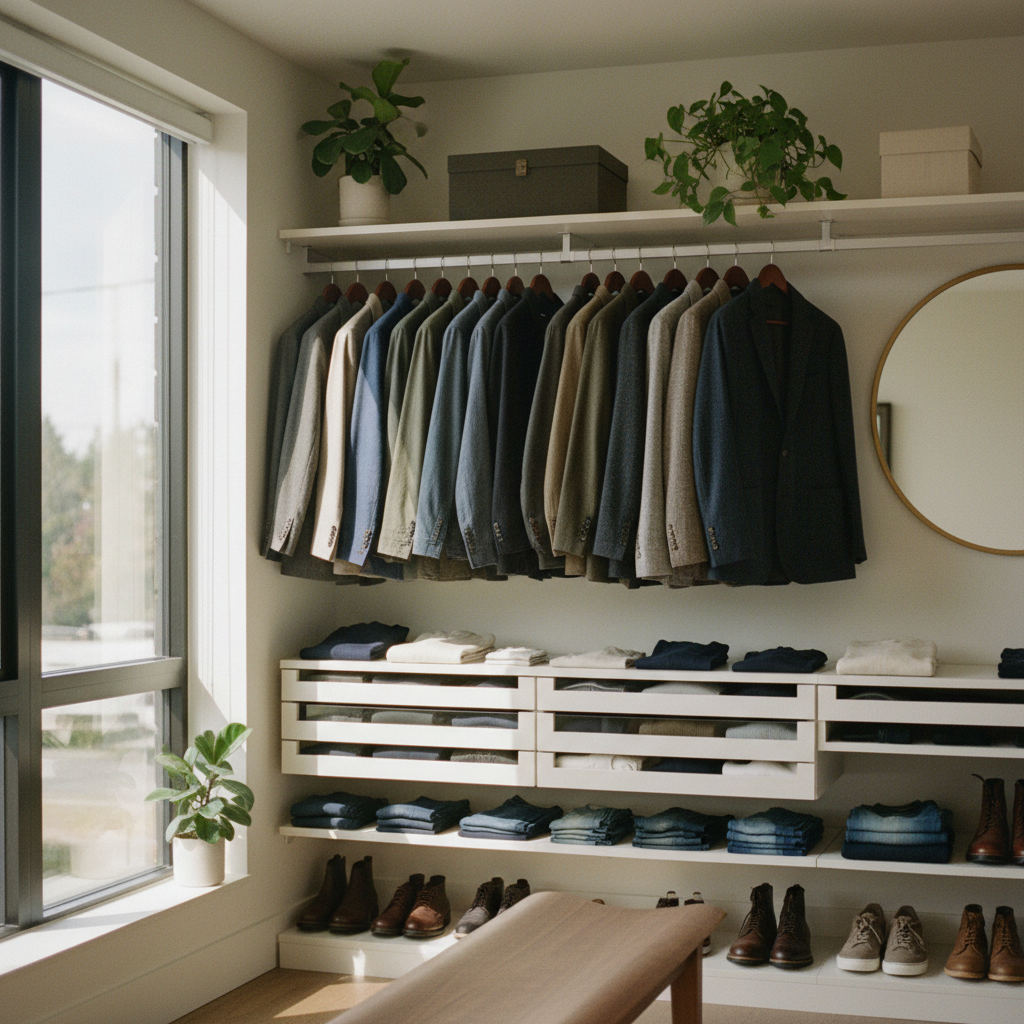 Roupas masculinas modernas expostas em loja clara e organizada, camisas e calças dobradas