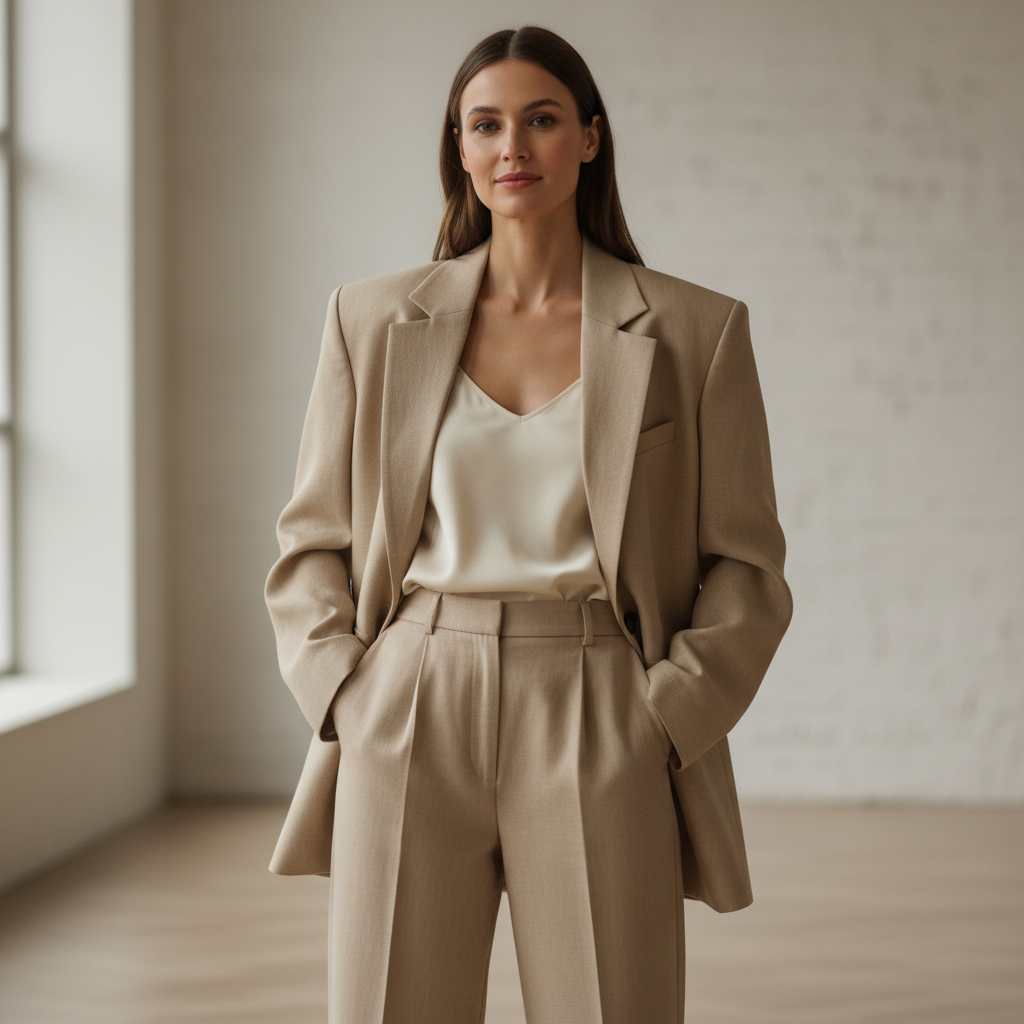 SLF Atelier Blazer — tailored ivory blazer on a female model in a minimalist white space