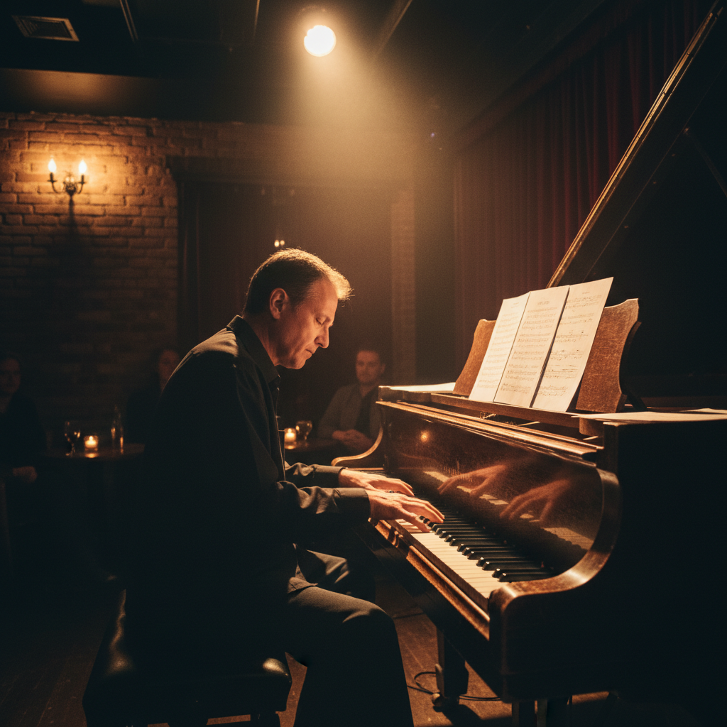 Jazz musician performing on stage, warm amber spotlight, dark intimate venue, atmospheric dim lighting