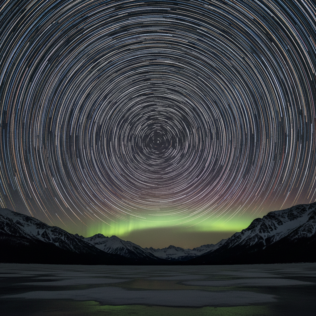 Star trails forming circular arcs around north star — long exposure composite