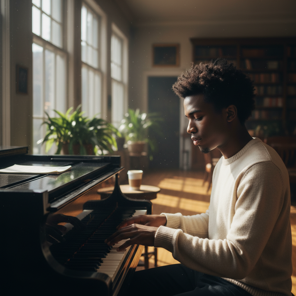 Marcus Webb, a young Black man in a thoughtful pose, sitting at a piano in a sunlit practice room