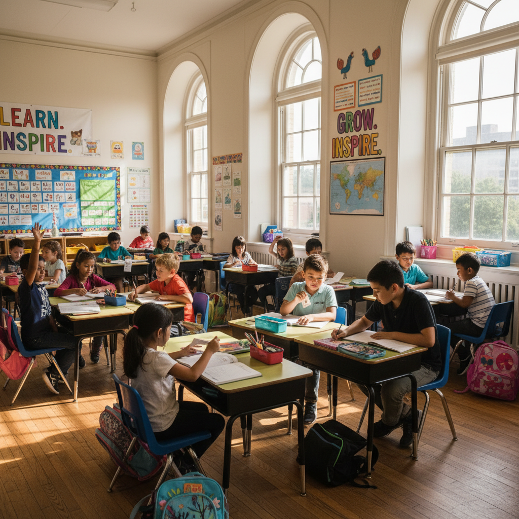 Children sitting at wooden desks in a bright classroom, eagerly raising hands, warm sunlight, rural school setting