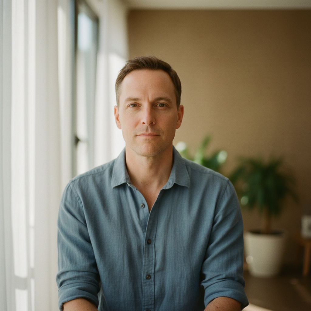 Man with calm expression, casual indoor photo