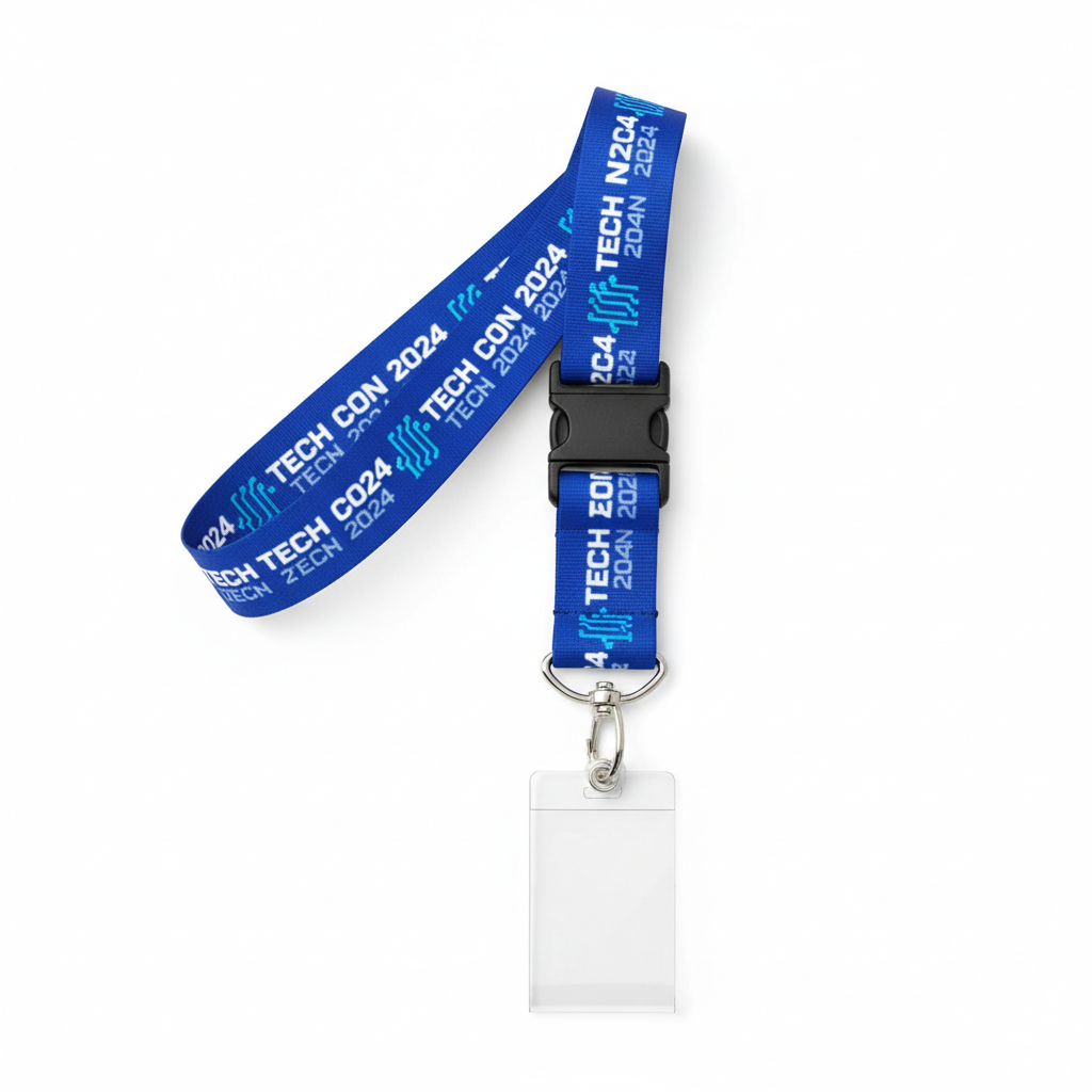 Runners wearing custom event lanyards crossing finish line at outdoor 5K race