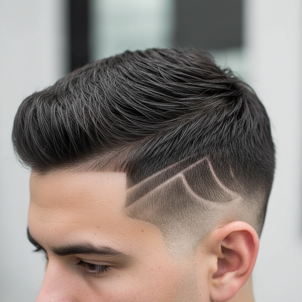 Artistic hair design pattern carved into short hair, intricate geometric lines, barbershop setting