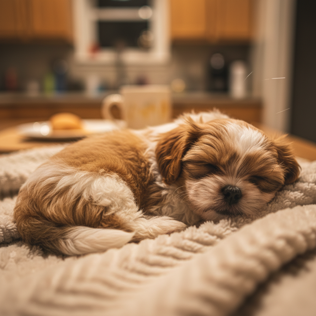 Tiny Shih Tzu puppy sleeping curled up on a soft blanket in warm kitchen light