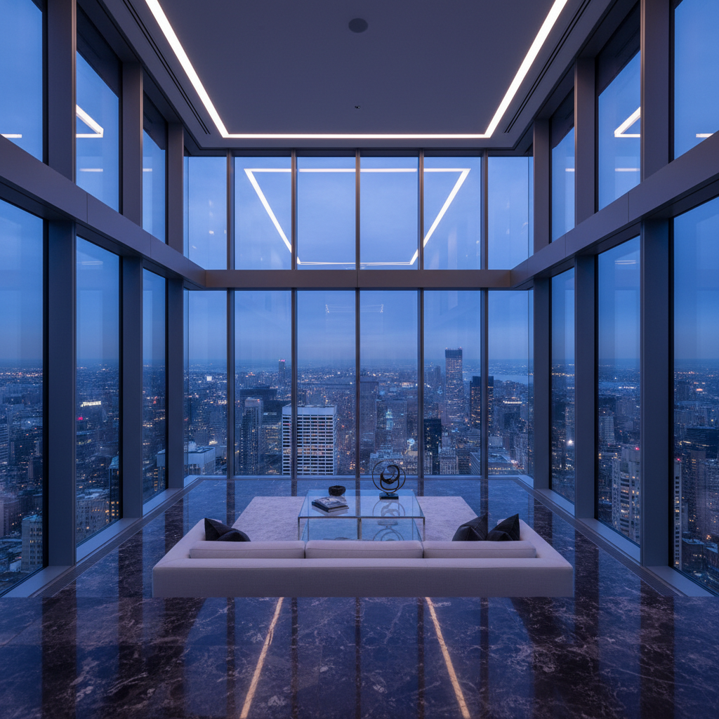 Luxury penthouse with panoramic city view, dark evening, warm interior glow, floor-to-ceiling windows