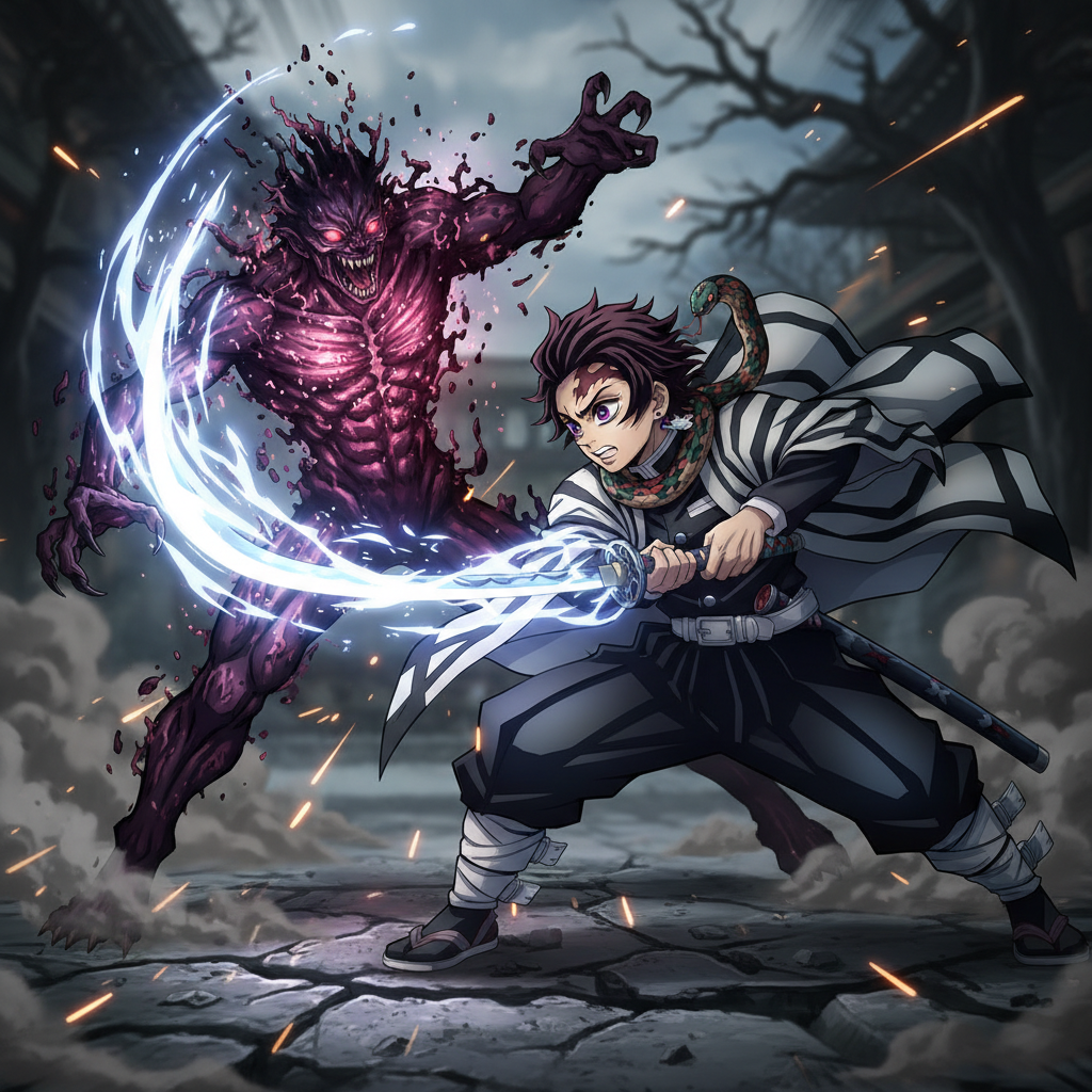 Intense anime swordsman with flame breathing technique against dark demonic backdrop