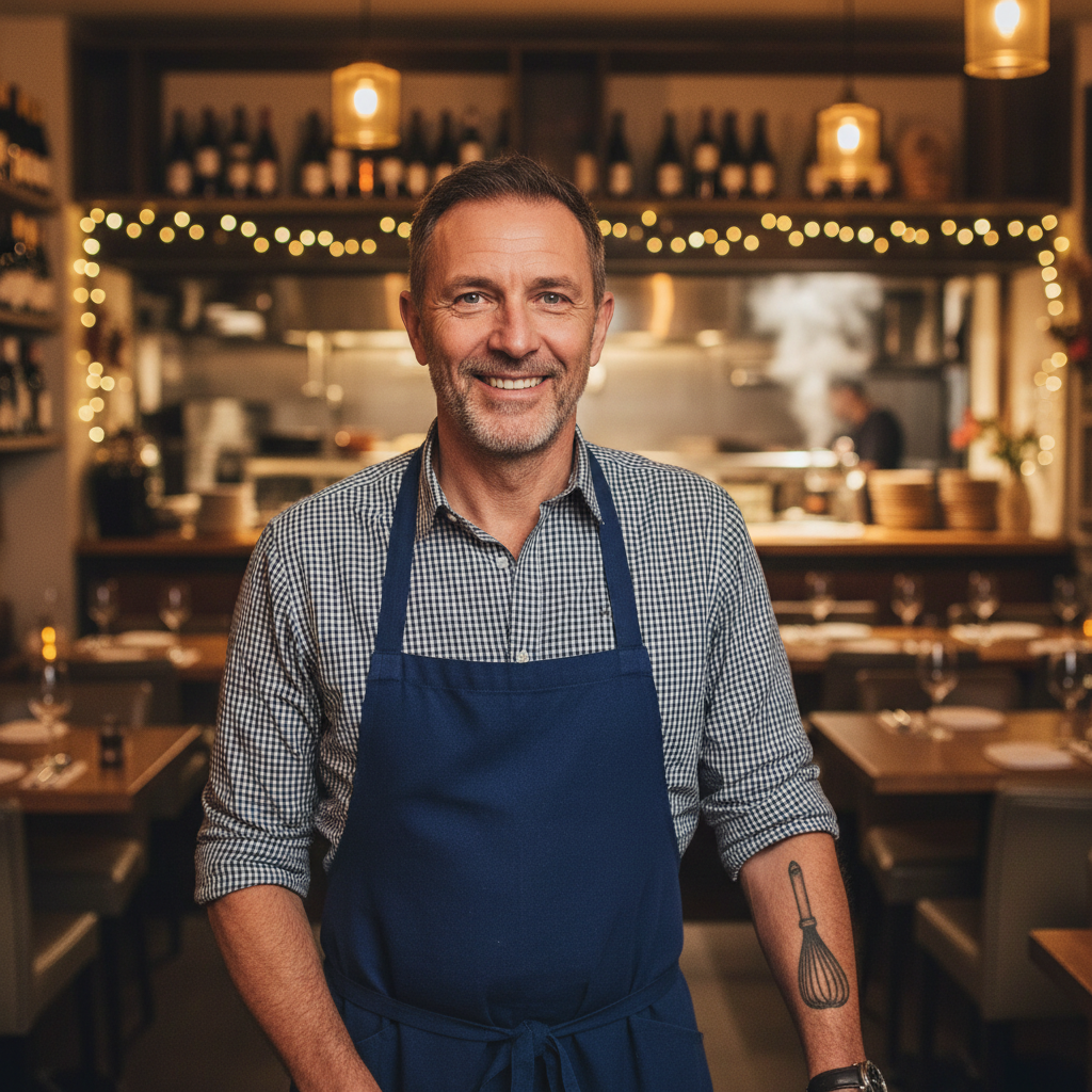 Restaurant owner standing proudly in their well-lit establishment, apron on, warm ambient lighting, dark wood interior