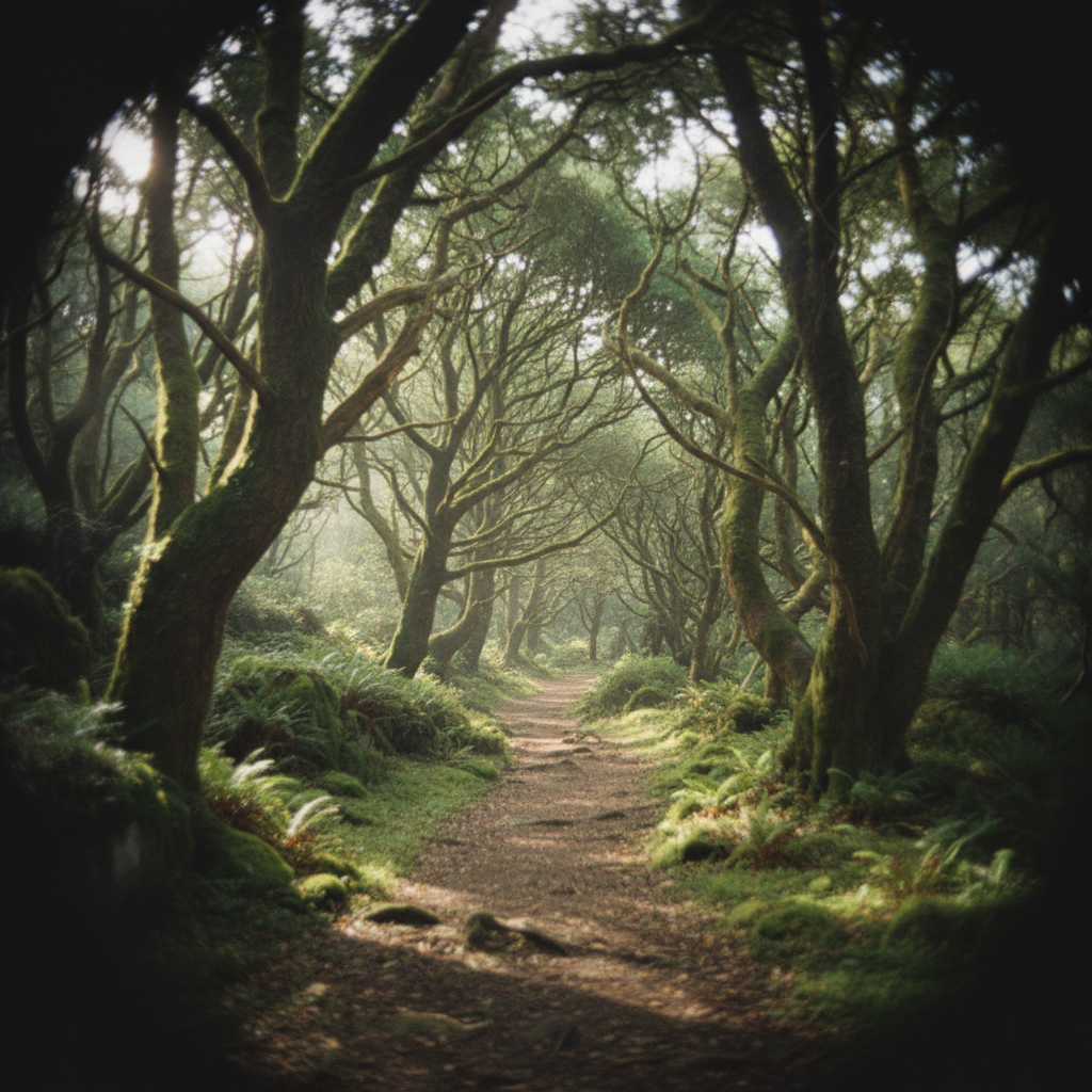 Sunlit forest path photographed with pinhole camera, soft vignette edges