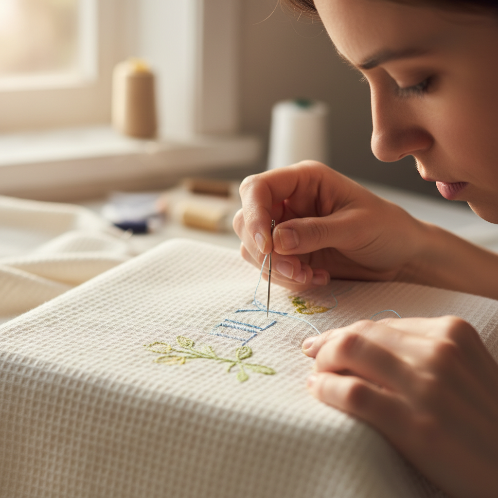 Young girl working on fabric design at a sewing table with colorful threads