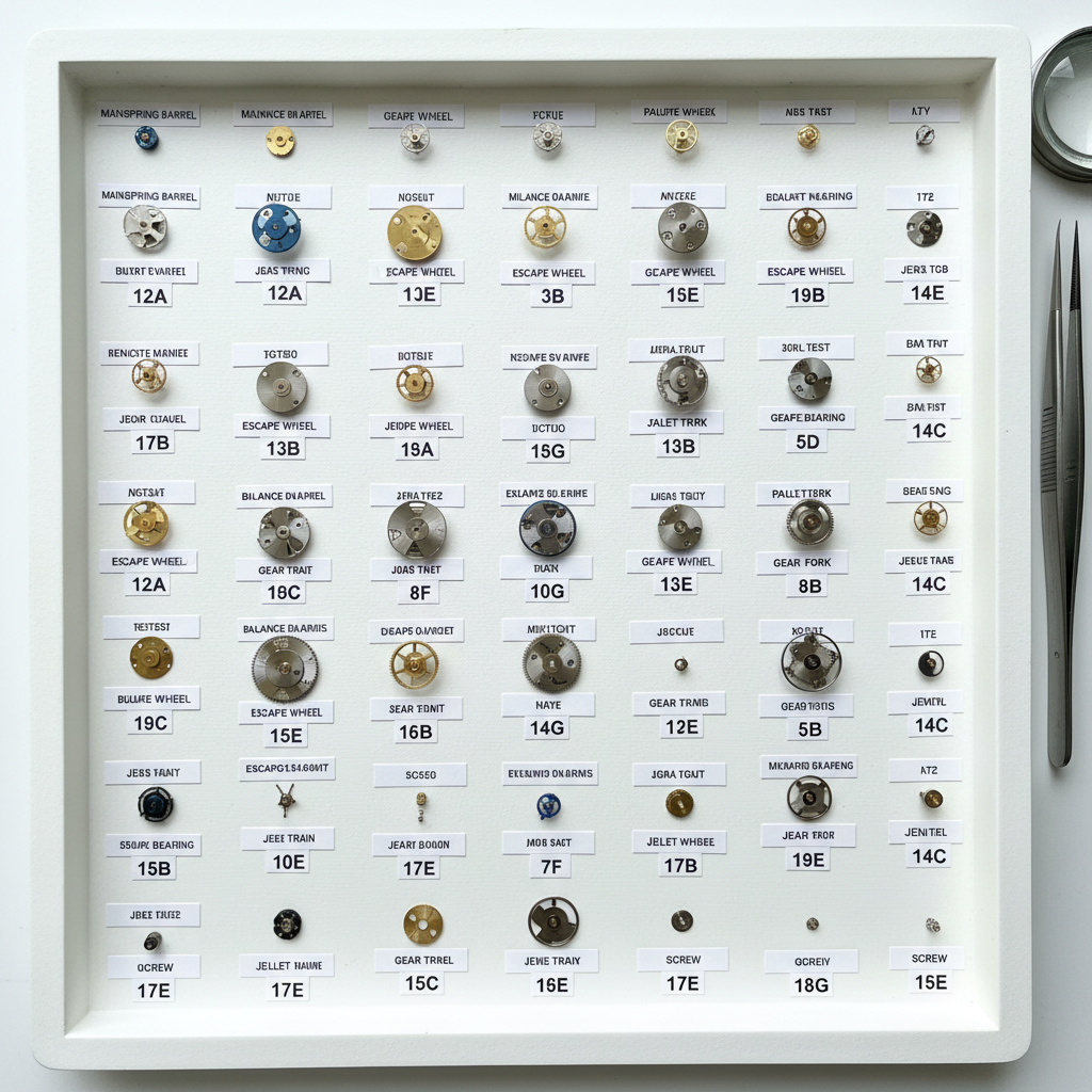 Overhead view of 137 labeled watch movement parts arranged on a white inspection tray
