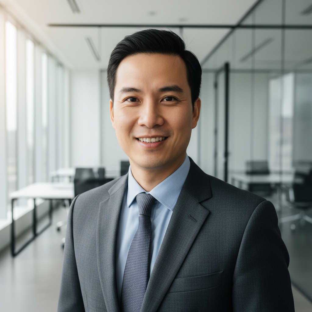 Professional Vietnamese man in business suit, corporate office background, confident expression