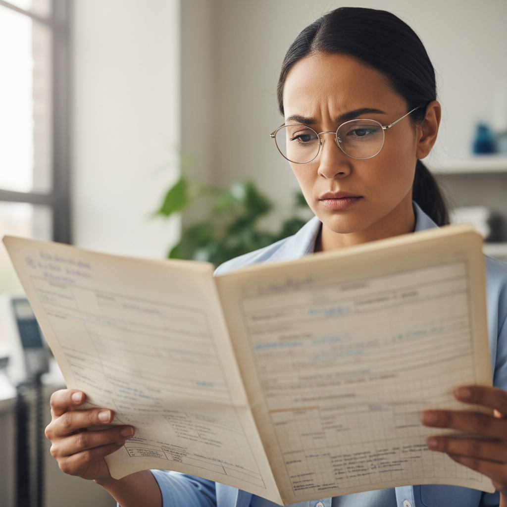 Physician reviewing patient chart with focused expression