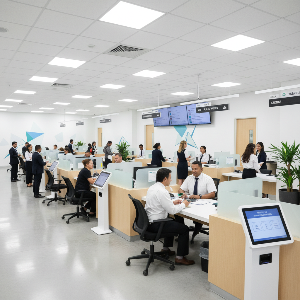 People at a government service counter in bright warm office lighting, open airy environment