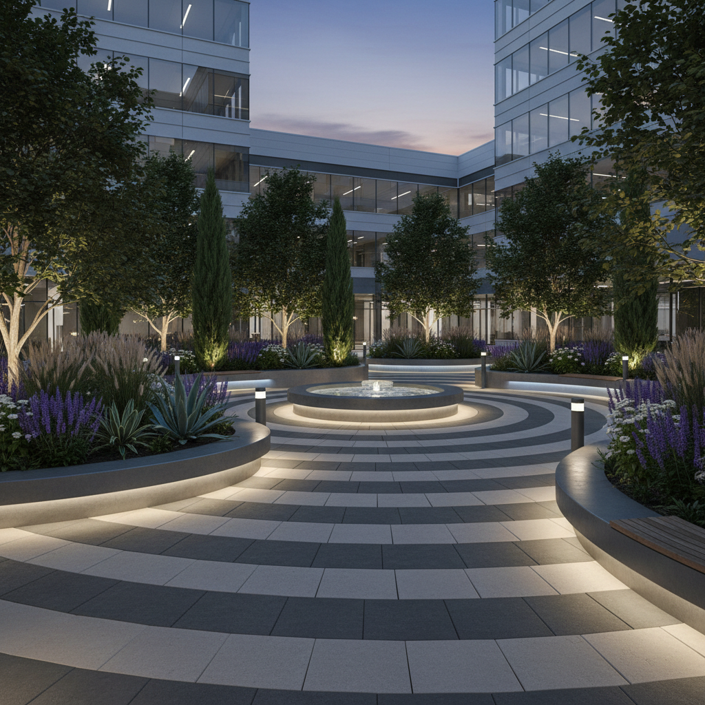 Detailed landscape design rendering showing architectural plantings, paver layout, and LED lighting plan for commercial courtyard