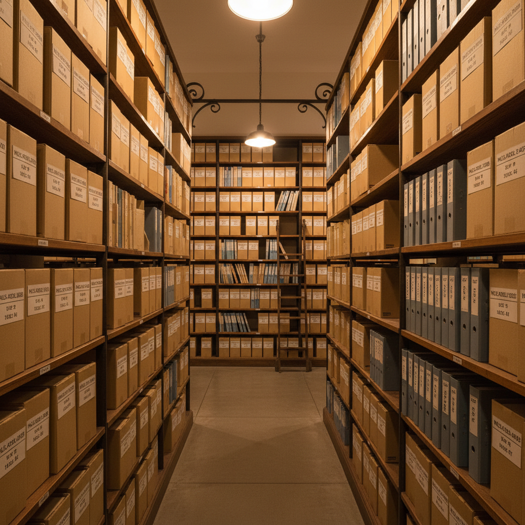 Museum archive shelves with labeled artifact boxes and archival folders in warm overhead light