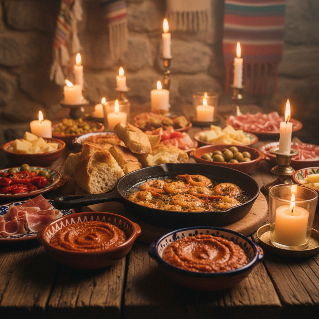 Rustic wooden table covered with Spanish tapas dishes, gambas al ajillo in cast iron pan, crusty bread, and ceramic bowls of romesco sauce in warm candlelight