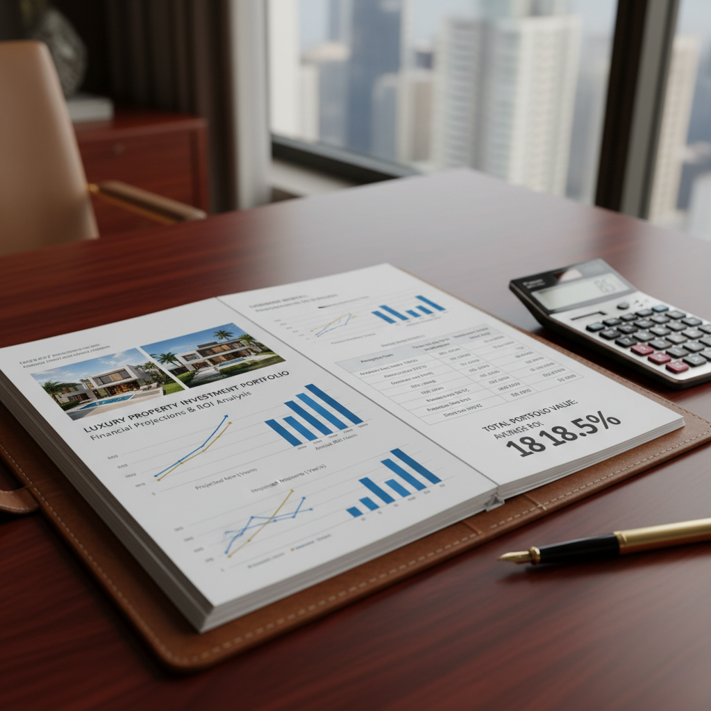 Investment property analysis charts and real estate documents on bright desk, professional workspace