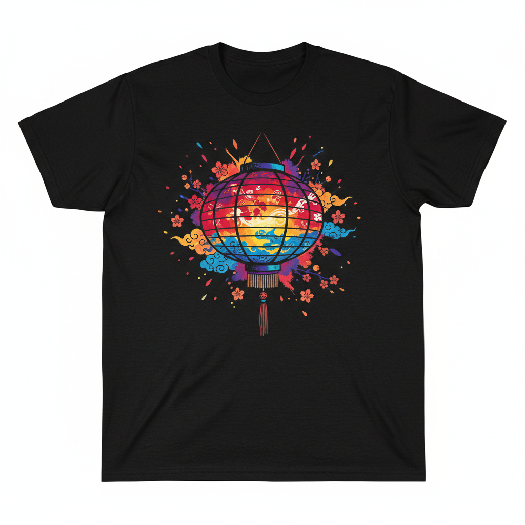 Black tee with night market lantern illustration