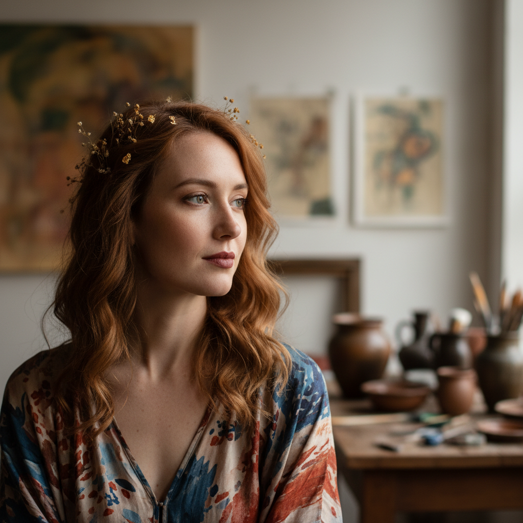Woman with an artistic aesthetic looking thoughtfully to the side
