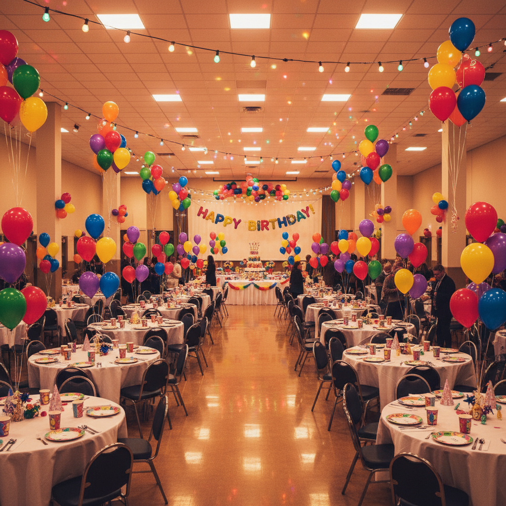 Colorful birthday party celebration with balloons and decorated tables in bright venue