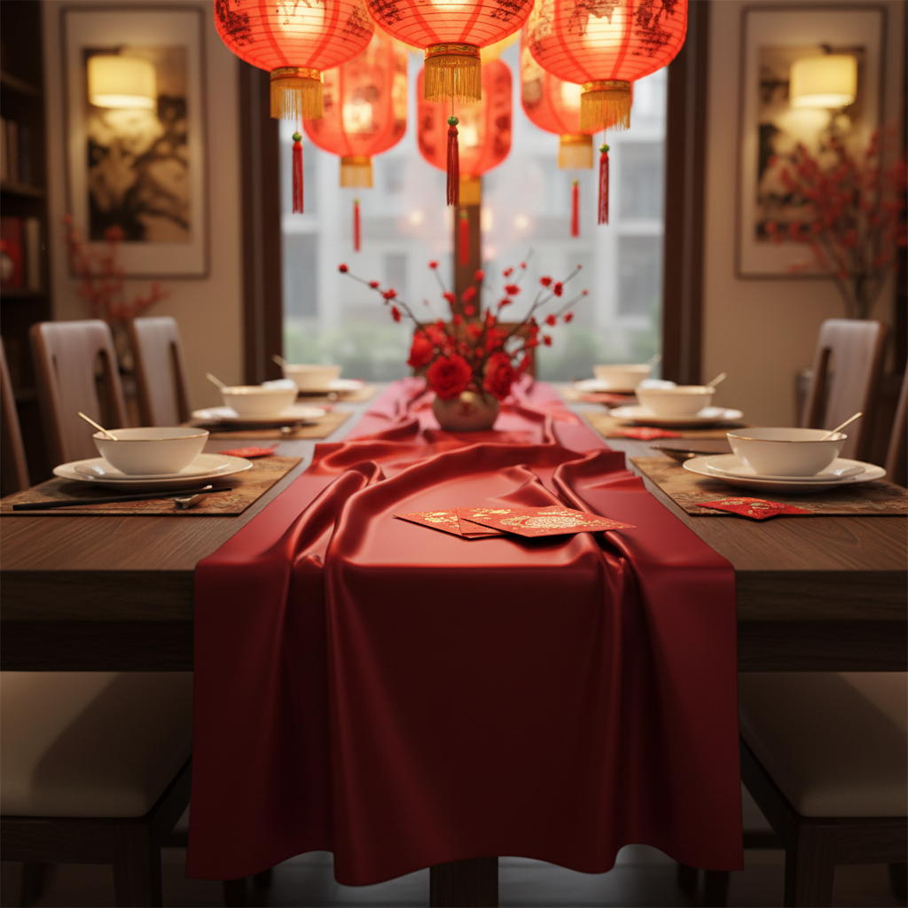 Classic red silk table runner with paper lanterns and lucky red envelopes at intimate dinner party