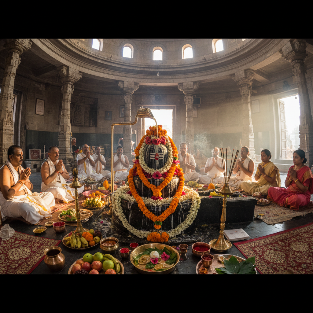 Rudrabhishek with Shiva lingam and milk offerings