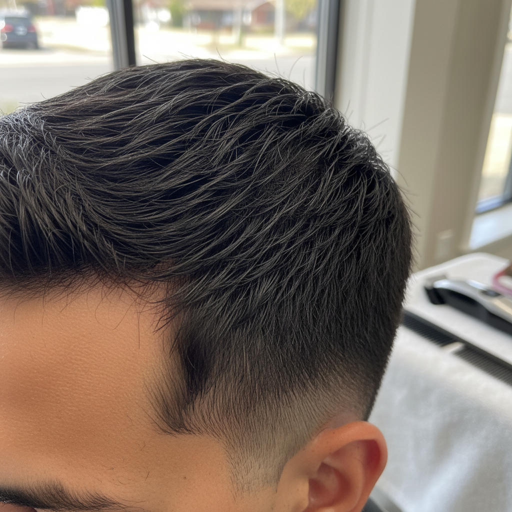 Close-up of crisp lineup on a client in the barber chair